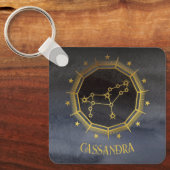 暗い〔占星術の〕十二宮図占星術：レオ黒い金ゴールド名 キーホルダー (正面)
