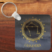 暗い〔占星術の〕十二宮図占星術:天秤座ブラック金ゴールド名 キーホルダー (正面)