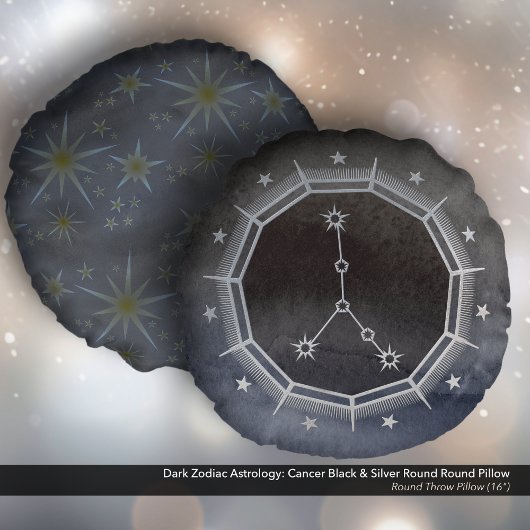 暗い〔占星術の〕十二宮図星占い:がんブラック&シルバーラウンド ラウンドクッション