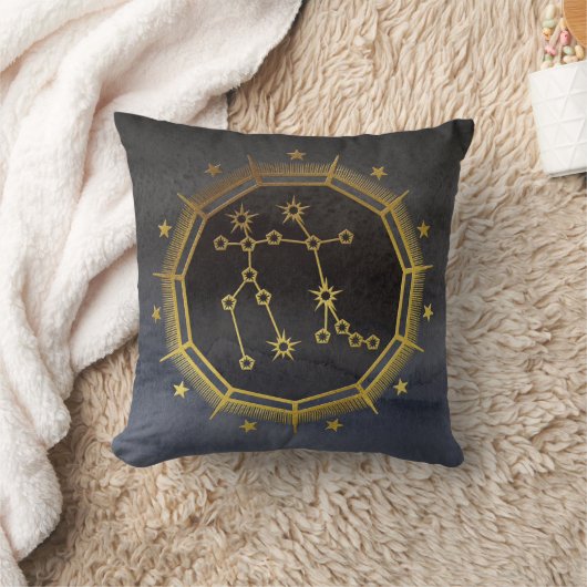 暗い〔占星術の〕十二宮図星占い:ジェミニブラック&金ゴールド クッション (ブランケット)