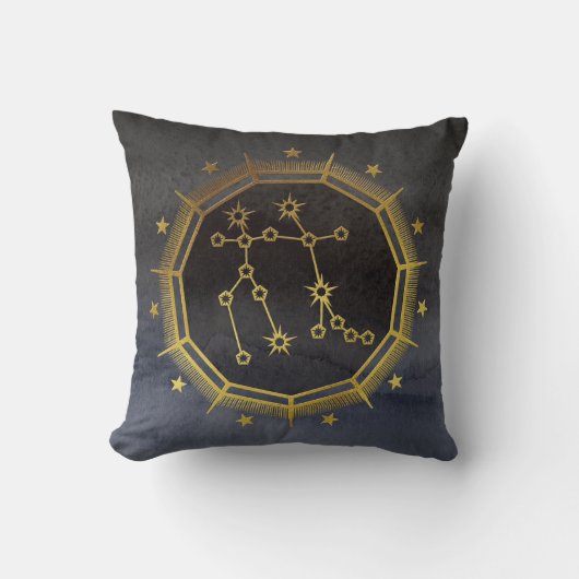 暗い〔占星術の〕十二宮図星占い:ジェミニブラック&金ゴールド クッション (正面)