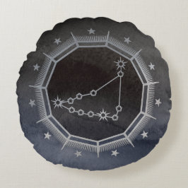 暗い〔占星術の〕十二宮図星占い：山羊座ブラック&シルバー ラウンドクッション