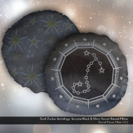 暗い〔占星術の〕十二宮図星占い：蠍座ブラック&シルバー ラウンドクッション
