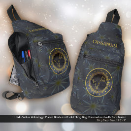 暗い〔占星術の〕十二宮図星占い：魚座ブラック金ゴールド名 スリングバッグ