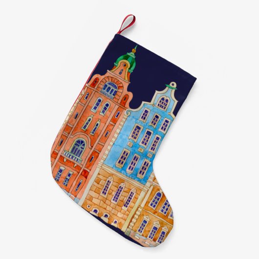 暗いbl上のア縁どーキテクチャのシームレスなパターン スモールクリスマスストッキング (正面 (吊り時))