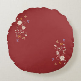 暗お洒落赤のフローラと蝶のアクセント ラウンドクッション