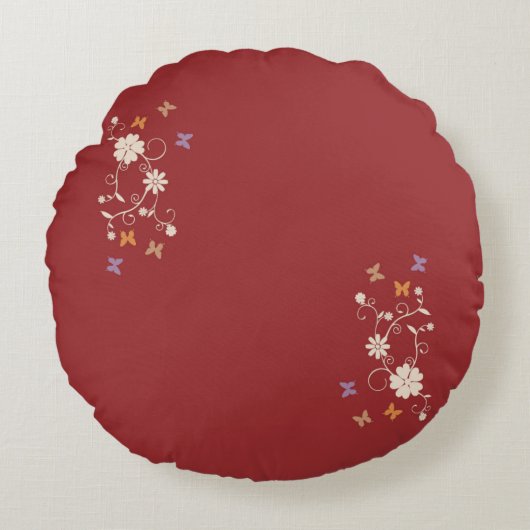 暗お洒落赤のフローラと蝶のアクセント ラウンドクッション (正面)