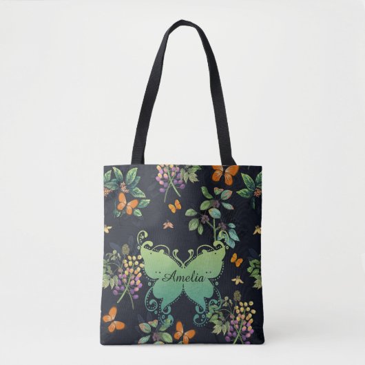 暗かわいらしパーソナライズされたいフローラ蝶パターン トートバッグ (正面)