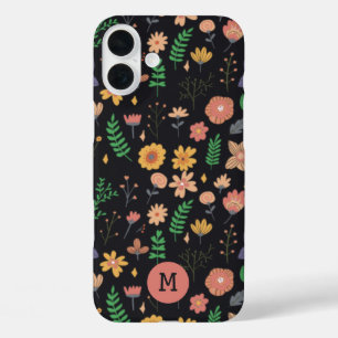 暗かわいらしモダン花模様モノグラム iPhone 16 PLUSケース