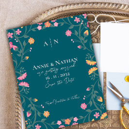 暗かわいらし色ティール（緑がかった色）イエローピンクフローラフレ結婚ーム 案内ポストカード
