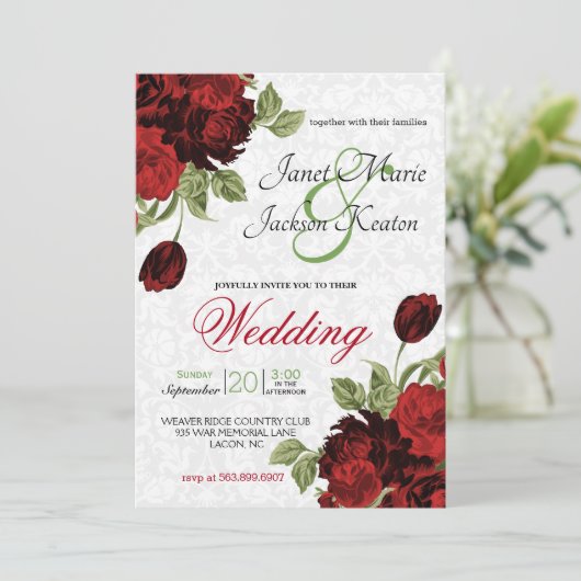 暗かわいらし赤の結婚式の花 招待状 (スタンド正面)