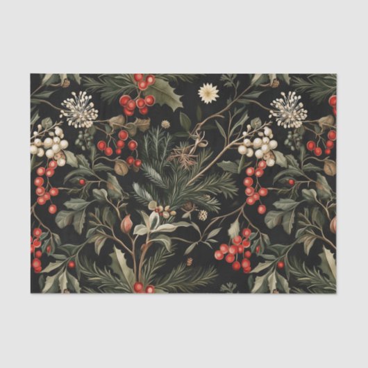 暗くてムードのあるクリスマスベリーと葉 薄葉紙 (正面)