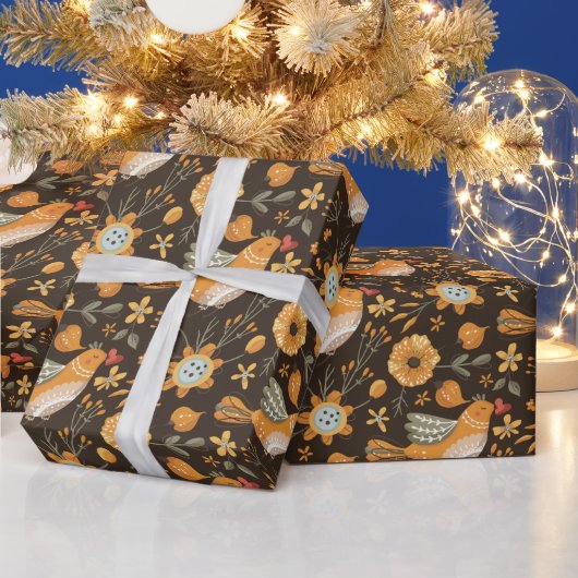 暗くて居心地の良い可愛い鳥フローラ植物学 ラッピングペーパー (クリスマス)