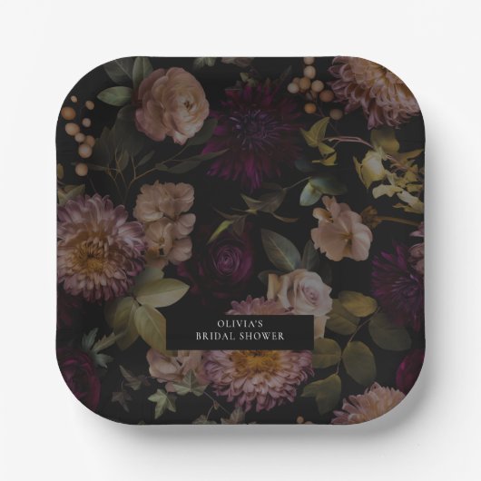 暗くムーディドラマチックなフローラブライダルシャワー ペーパープレート (正面)