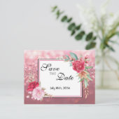 暗く明るい赤面ピンクのバラ日付を保存 案内ポストカード (スタンド正面)