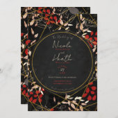 暗はっきりした色フローラレッドブラックグレー金ゴールド結婚ズ 招待状 (正面/裏面)