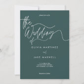 暗エレガントいティール(緑がかった色)と白モダンいスクリプ結婚ト 招待状 (正面)