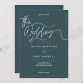 暗エレガントいティール(緑がかった色)と白モダンいスクリプ結婚ト 招待状 (正面/裏面)