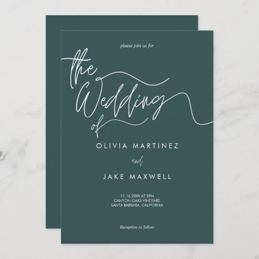暗エレガントいティール（緑がかった色）と白モダンいスクリプ結婚ト 招待状 (正面/裏面)