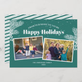 暗エレガントいティール(緑がかった色)に白い松2写真クリスマス シーズンカード (正面/裏面)