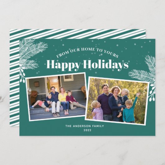 暗エレガントいティール（緑がかった色）に白い松2写真クリスマス シーズンカード (正面/裏面)