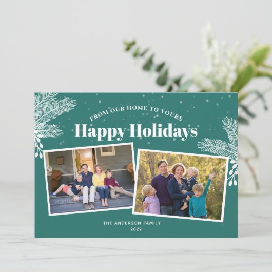 暗エレガントいティール（緑がかった色）に白い松2写真クリスマス シーズンカード (スタンド正面)
