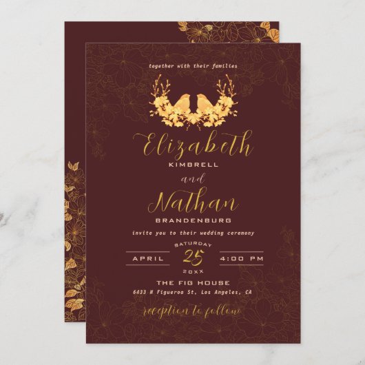 暗エレガントいブルゴーニュの金ゴールドの鳥のフローラ結婚 招待状 (正面/裏面)