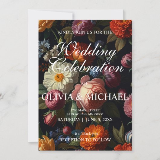 暗エレガントい不機嫌なヴィンテージ花模様 招待状 (正面)