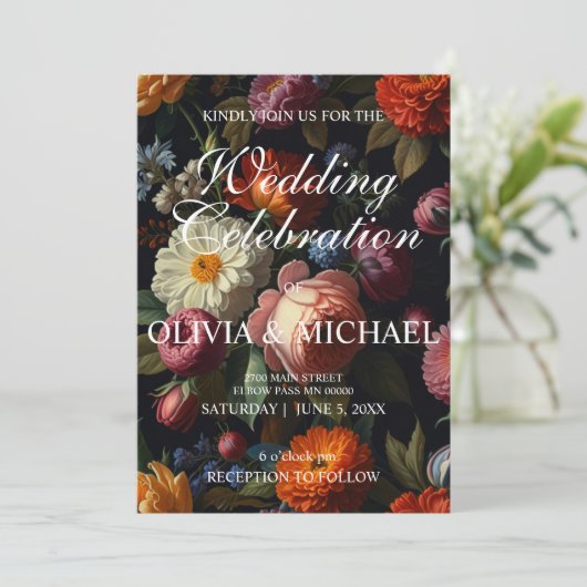 暗エレガントい不機嫌なヴィンテージ花模様 招待状 (スタンド正面)