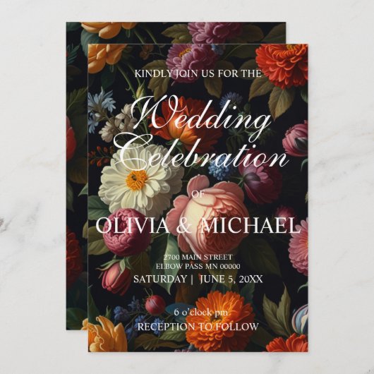 暗エレガントい不機嫌なヴィンテージ花模様 招待状 (正面/裏面)