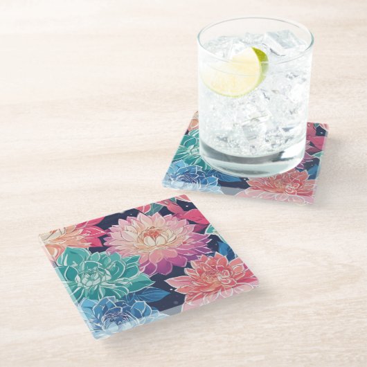 暗エレガントカラフルい背景にダリアの花 ガラスコースター (アングル)