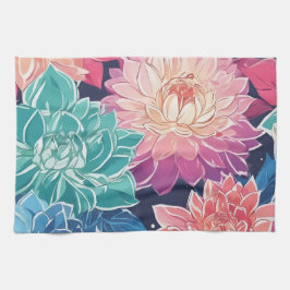 暗エレガントカラフルい背景にダリアの花 キッチンタオル