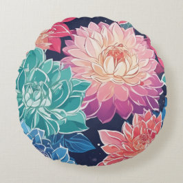暗エレガントカラフルい背景にダリアの花 ラウンドクッション