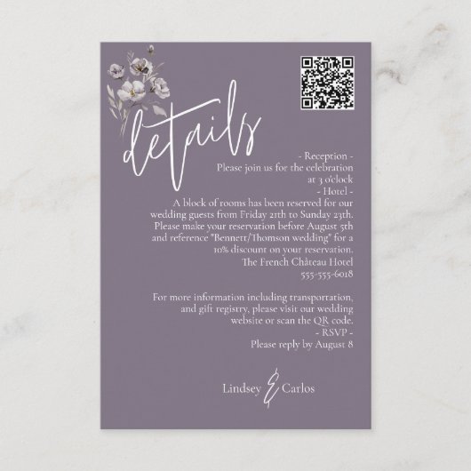 暗エレガントモダン紫結婚の詳細QRコード エンクロージャーカード (正面)
