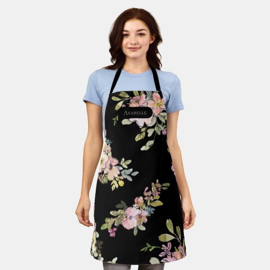 暗エレガント水色フローラカスタム エプロン (着用した状態)