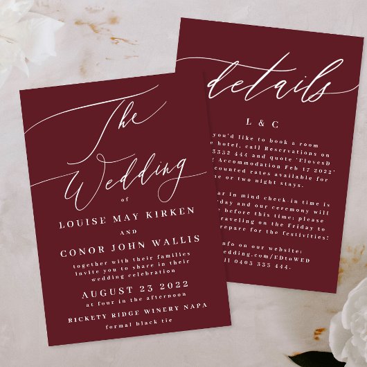 暗エレガント紅梅ブルゴーニュ白ザ結婚ーズ 招待状