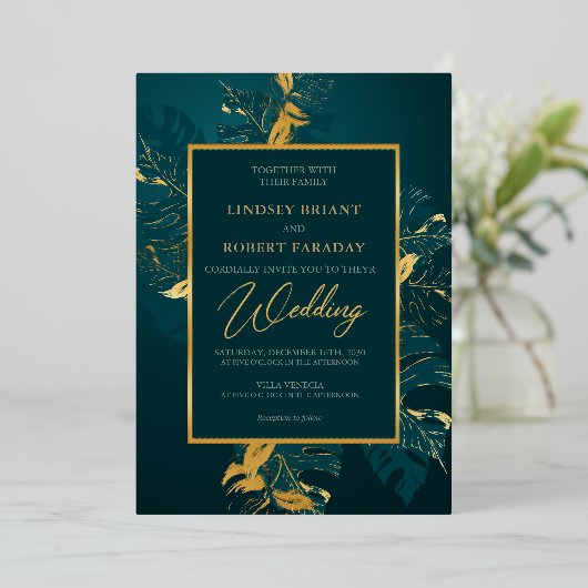 暗エレガント緑と実在金ゴールド結婚箔 箔招待状 (立ち正面)