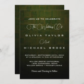 暗エレガント緑の上の銀の結婚文字 招待状 (正面/裏面)