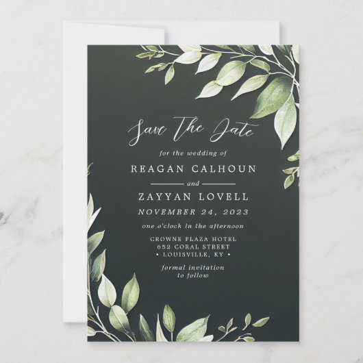 暗エレガント緑の緑葉の日を保存 招待状 (正面)