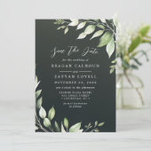 暗エレガント緑の緑葉の日を保存 招待状 (スタンド正面)