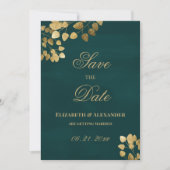 暗エレガント緑金ゴールドeucalyptus日付保存 招待状 (正面)