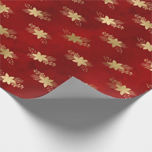 暗エレガント色の赤い金ゴールドフォイルポインセタス ラッピングペーパー (角)