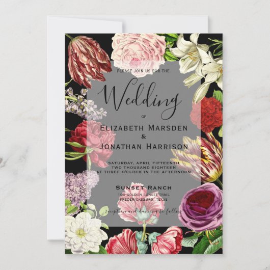暗エレガント色ヴィンテージフローラ結婚ズ 招待状 (正面)