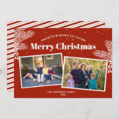 暗エレガント赤の上に白い松2写真クリスマス シーズンカード (正面/裏面)