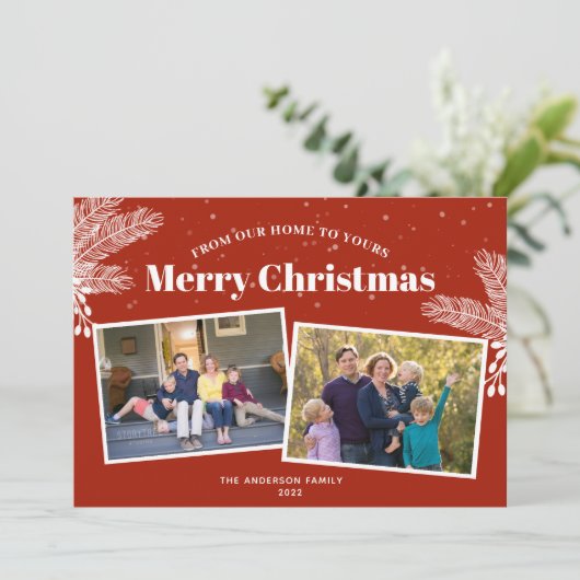 暗エレガント赤の上に白い松2写真クリスマス シーズンカード (スタンド正面)