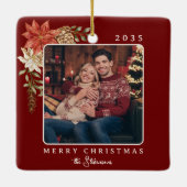 暗エレガント赤メリークリスマスポインセチア写真 セラミックオーナメント (裏面)