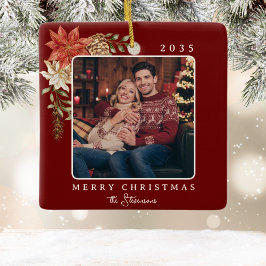 暗エレガント赤メリークリスマスポインセチア写真 セラミックオーナメント