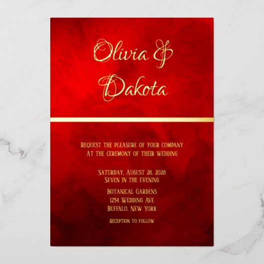 暗エレガント赤白熱［赤熱］光を放つ水結婚色 箔招待状 (正面)
