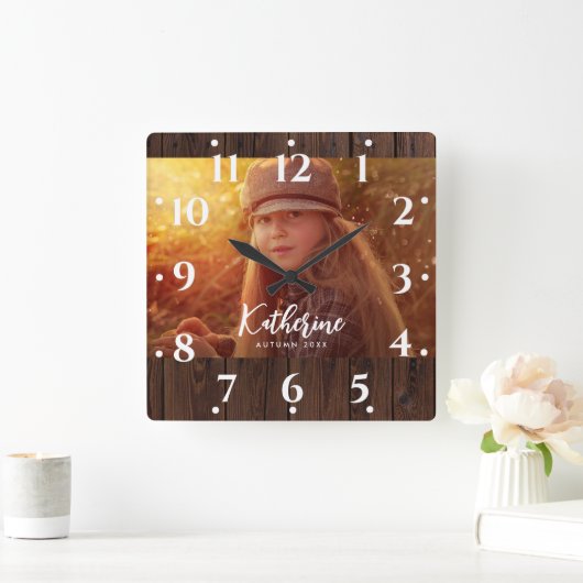 暗カスタム色の木素朴板の写真 スクエア壁時計 (ホーム)