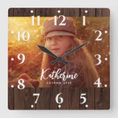 暗カスタム色の木素朴板の写真 スクエア壁時計 (正面)